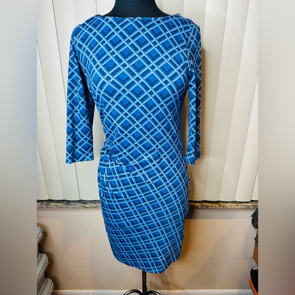 J. McLaughlin Blue Crisscross Side Ruched Long Sleeve Coastal Dress Size XS